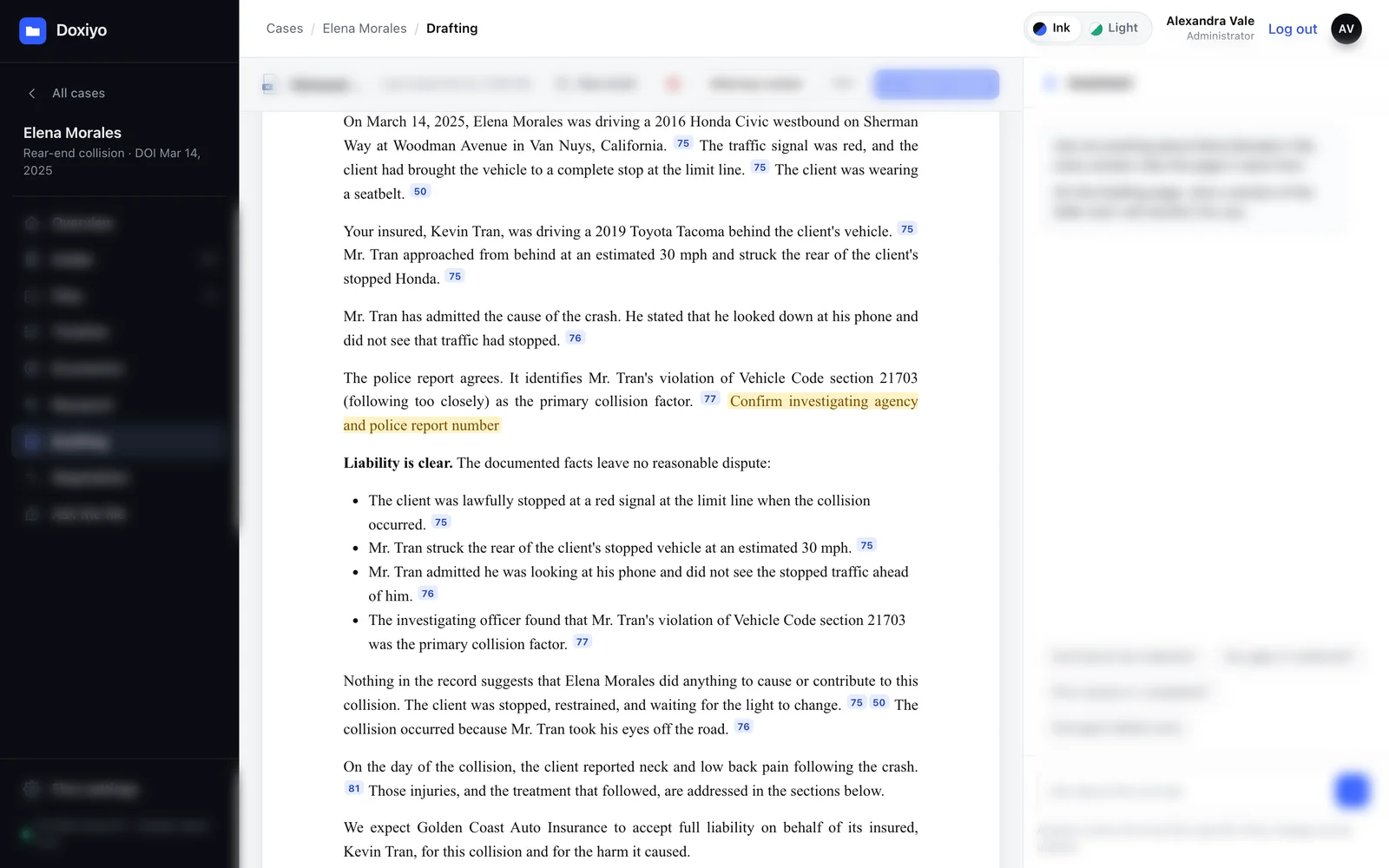 Doxiyo drafting a demand letter with a source under every amount, tools blurred