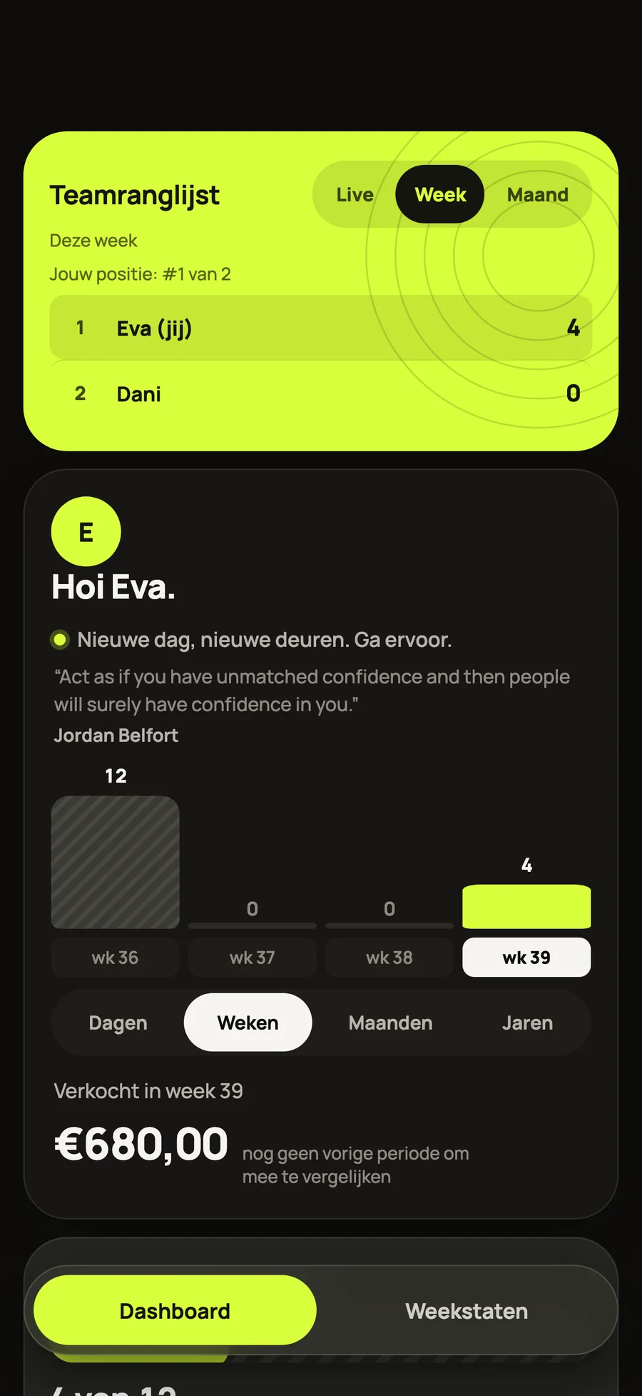 Saiyan Sales seller app with team ranking and weekly sales
